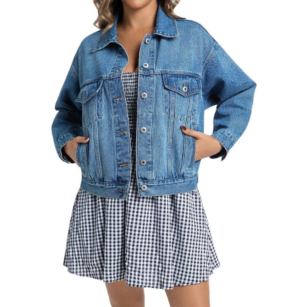 Women's Denim Jacket Loose Relaxed Fit Trucker Jean Jacket with Pockets